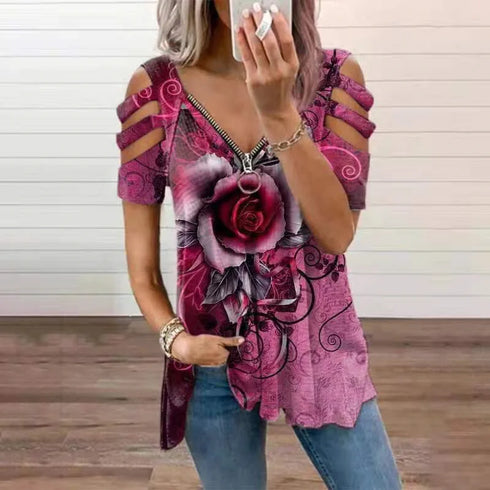 Elegant Large Rose Print T-Shirt Women Summer Hollow Out Splicing Short Sleeve Tops Fashion Loose V Neck Zipper Female Tees 2024
